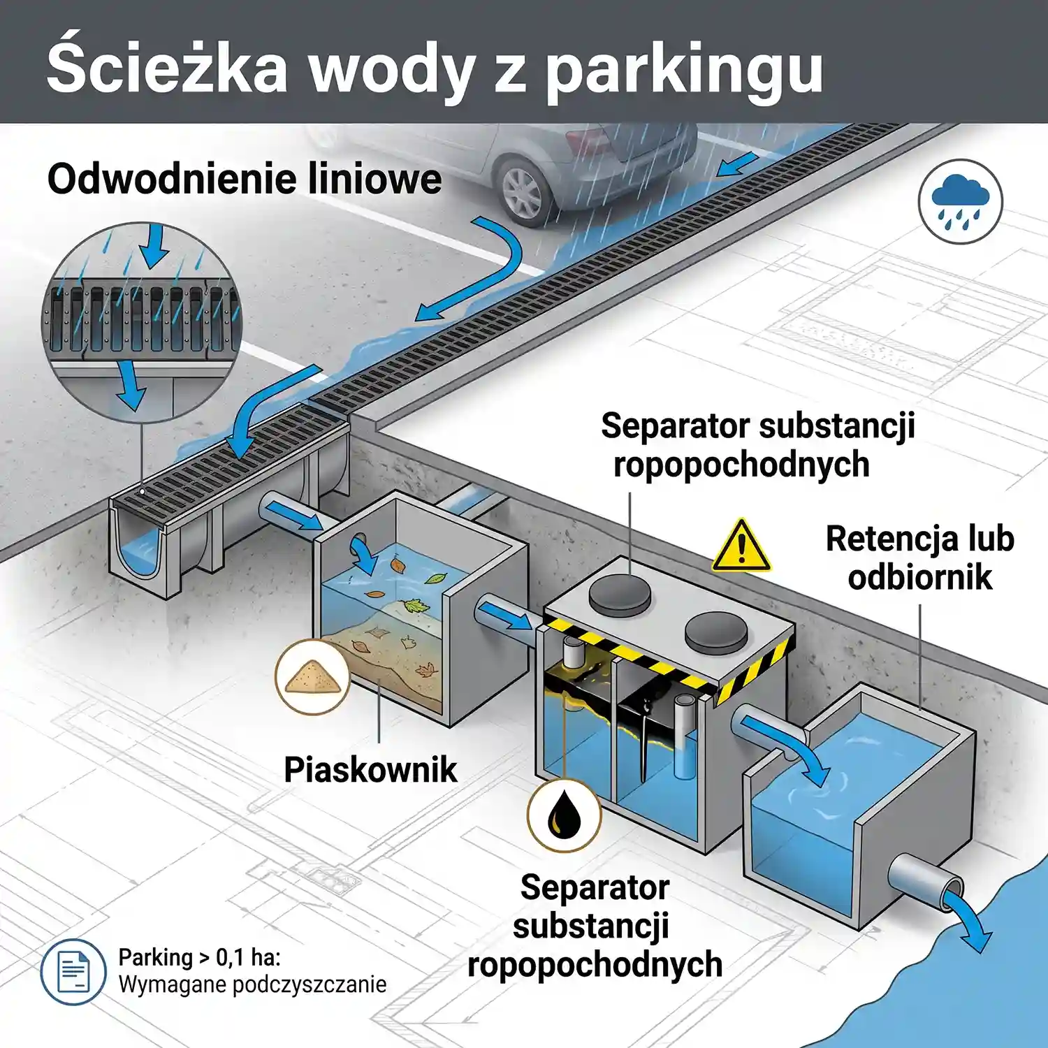 Ścieżka wody z parkingu przez odwodnienie liniowe